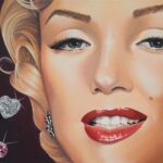 Marilyn Monroe, Portrait mit roten Lippen und Edelsteinen